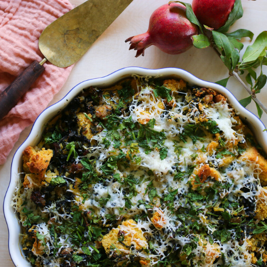 Cornbread Stuffing with Sausage, Kale, and Herbs